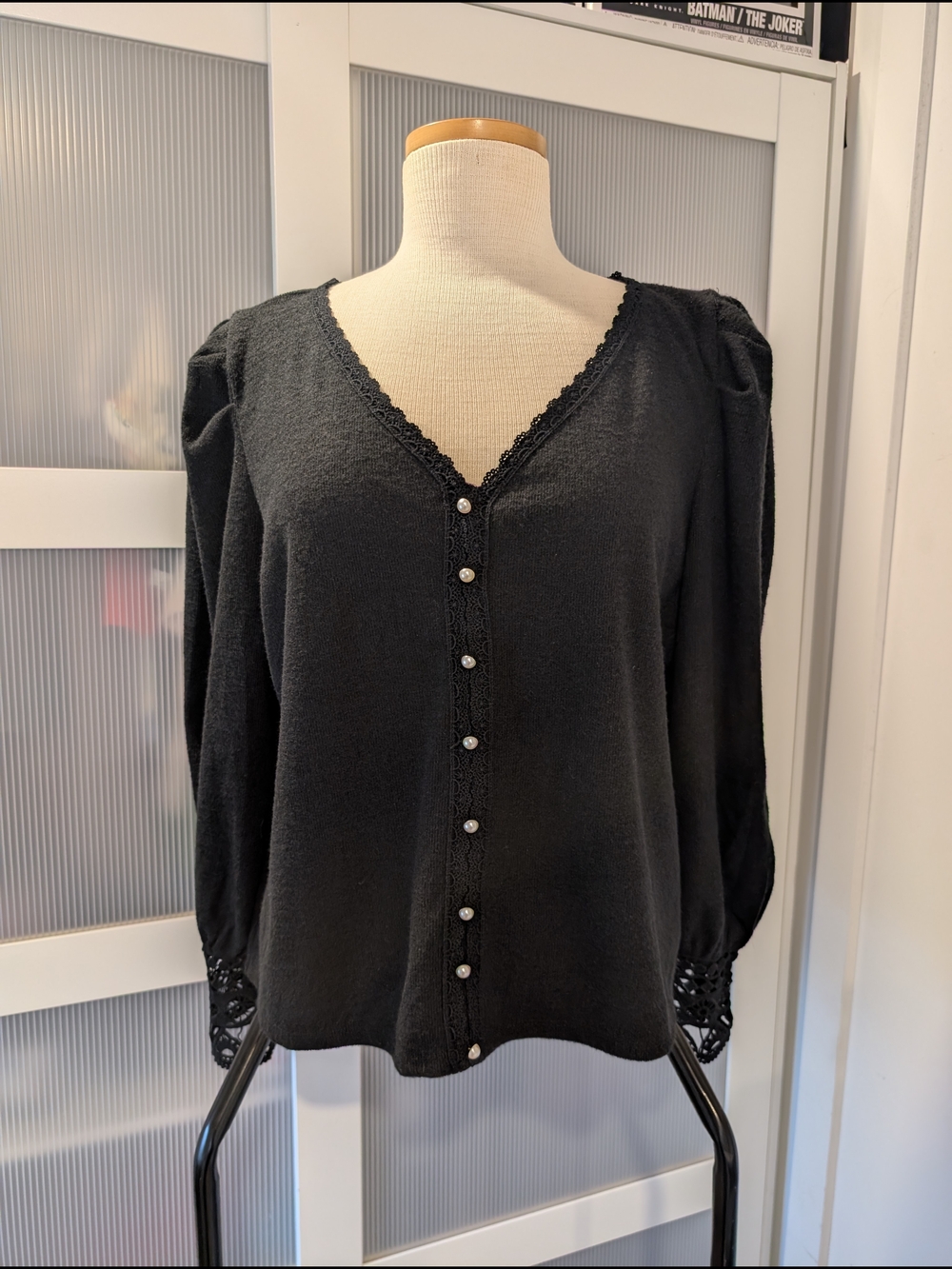 Maurices Black V-Neck Faux Button Front Top with Lace Trim